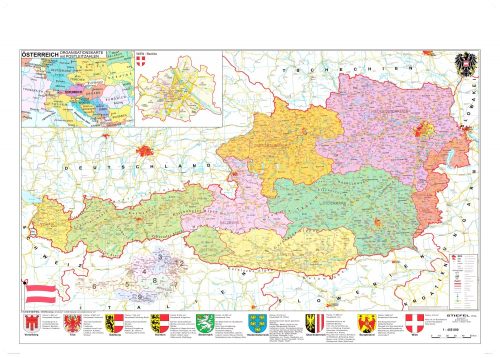 Ausztria irányítószámos térképe, tűzhető, keretes