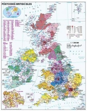 Nagy-Britannia irányítószámos térképe, tűzhető, keretes