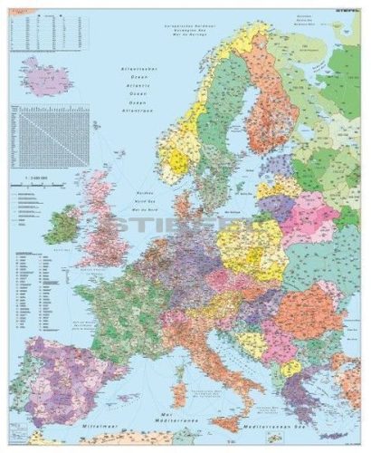Európa irányítószámos térképe (nemzetközi), tűzhető, keretes