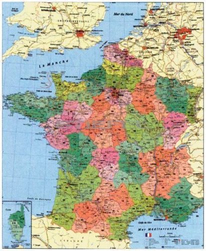 Franciaország megyéi és postai irányítószámos térképe, tűzhető, keretes