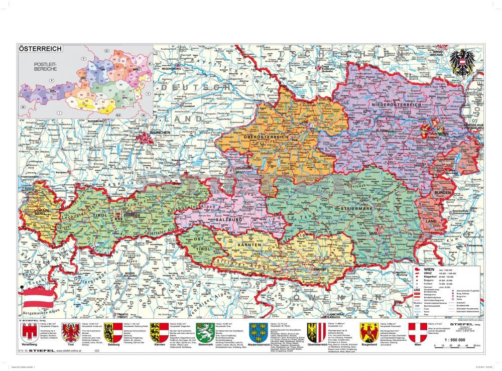 ausztria régiók térkép Ausztria közigazgatási térképe fóliás fémléces
