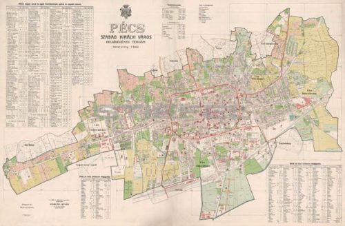 Pécs Szabad Királyi város belsőségének térképe fakeretben (1926)