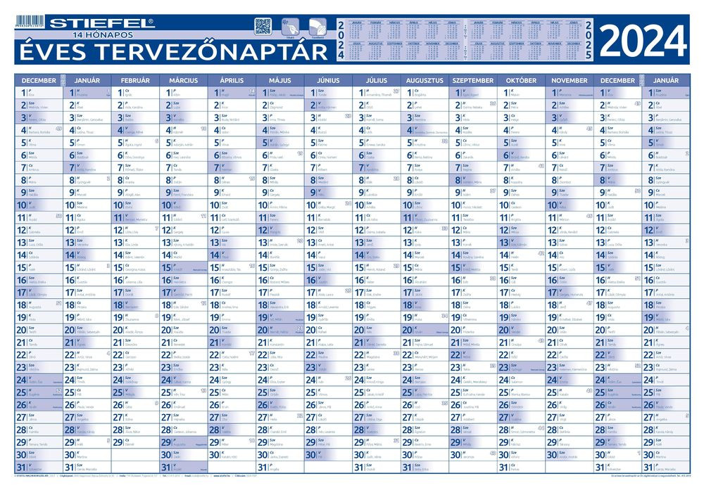 Éves tervezőnaptár 2024, keretezett, ajándék kék színű filct