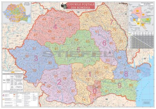 Románia irányítószámos térképe, tűzhető, keretes