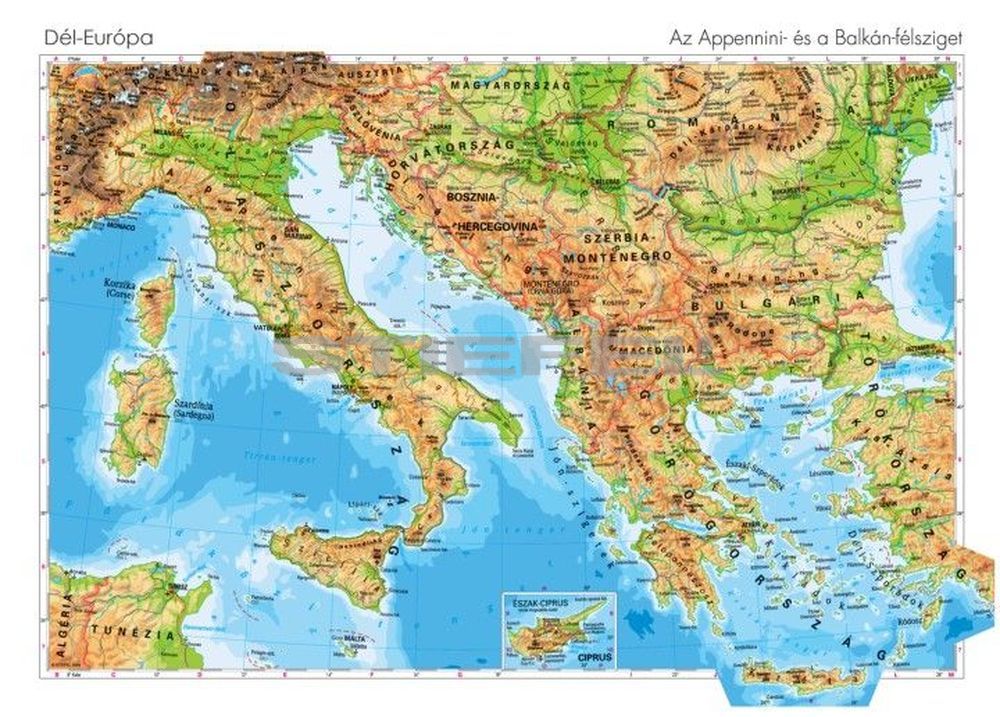európa térkép poszter Dél Európa domborzata kétoldalas óriás poszter
