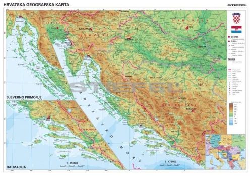 Horvátország domborzati térképe, tűzhető, keretes