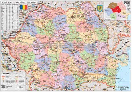 Románia politikai térképe (román nyelvű) fóliázott poszter