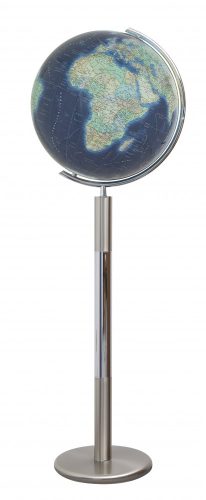 COLUMBUS DUO AZZURRO világítós, álló, kristályüveg földgömb, rozsdamentes acél talppal és meridiánnal Ø 40  cm