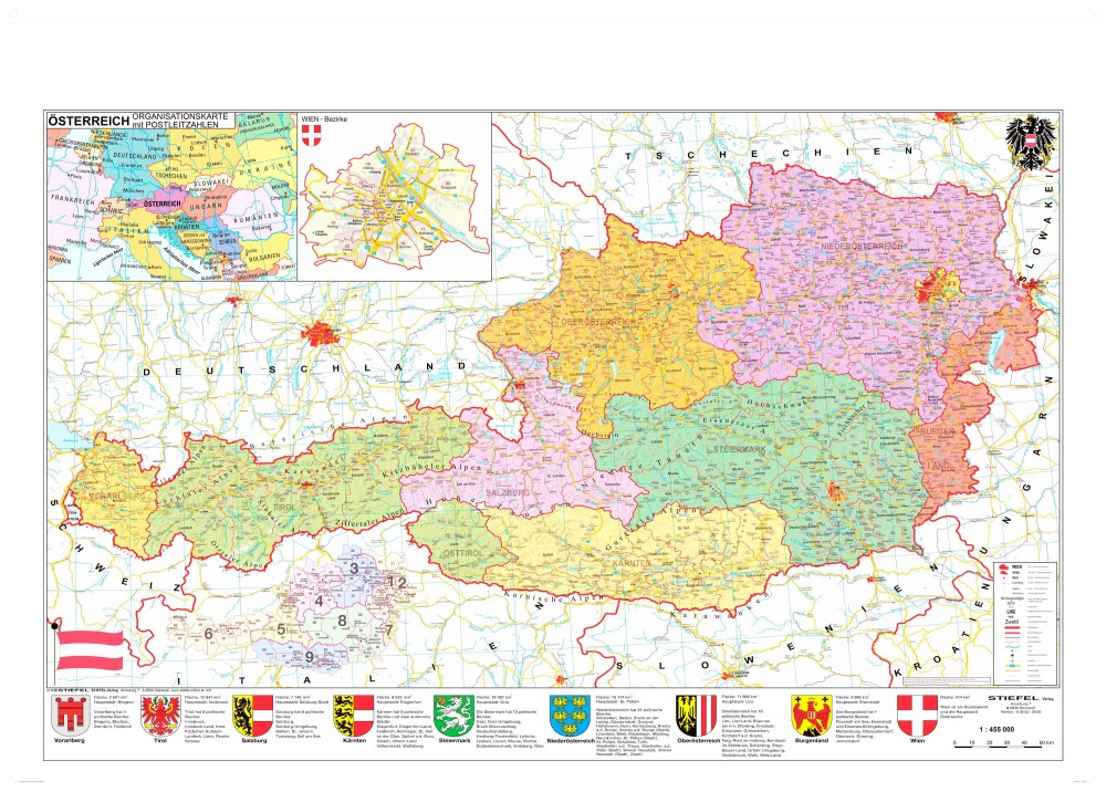 térkép magyarország ausztria Ausztria irányítószámos térképe fóliás fémléces térkép magyarország ausztria
